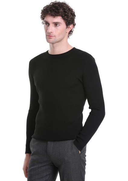 Siyah Slim Fit Fitilli Bisiklet Yaka Yünlü Triko Kazak fırsatları