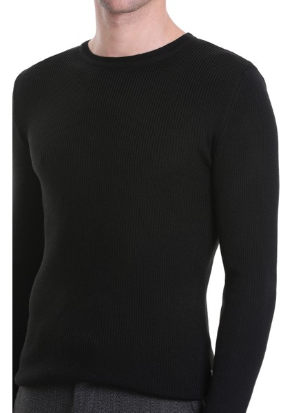 Siyah Slim Fit Fitilli Bisiklet Yaka Yünlü Triko Kazak indirimleri