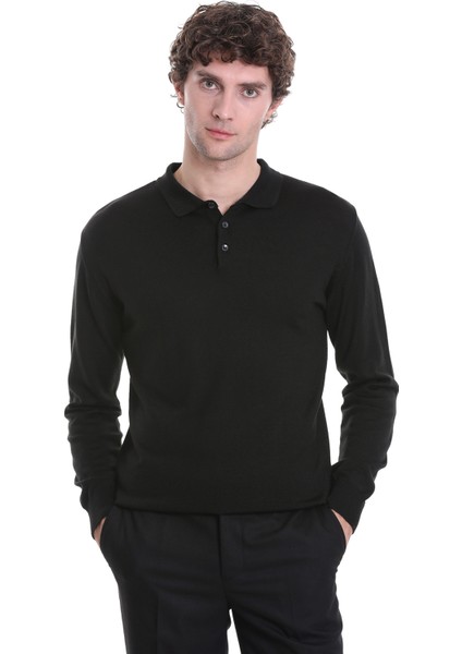Siyah Regular Fit Düz Polo Yaka Triko Kazak
