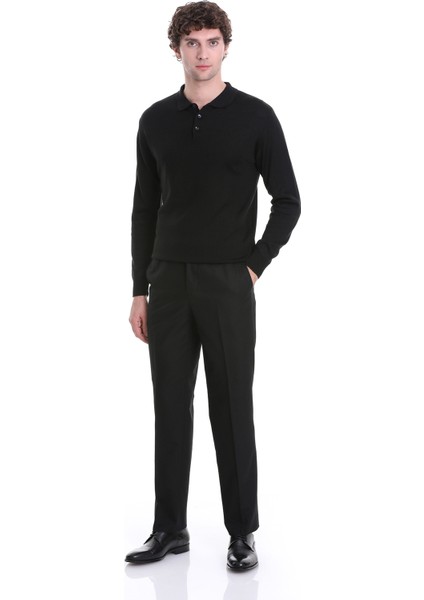 Siyah Regular Fit Düz Polo Yaka Triko Kazak