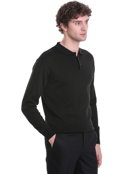 Siyah Regular Fit Düz Polo Yaka Triko Kazak