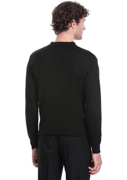 Siyah Regular Fit Düz Polo Yaka Triko Kazak