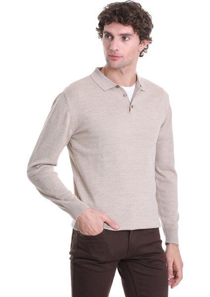 Bej Regular Fit Düz Polo Yaka Triko Kazak