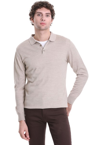 Bej Regular Fit Düz Polo Yaka Triko Kazak