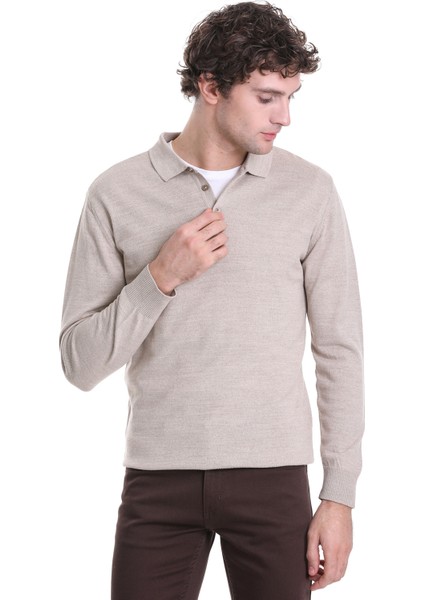 Bej Regular Fit Düz Polo Yaka Triko Kazak