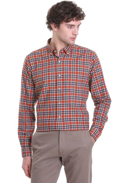 Kiremit Comfort Fit Kareli Düğmeli Yaka Uzun Kollu Casual Gömlek modelleri