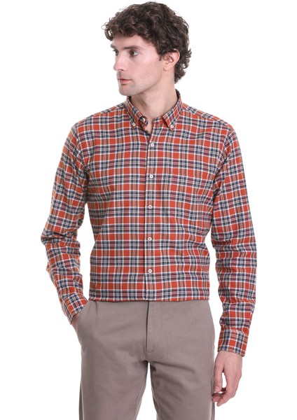 Kiremit Comfort Fit Kareli Düğmeli Yaka Uzun Kollu Casual Gömlek fırsatları