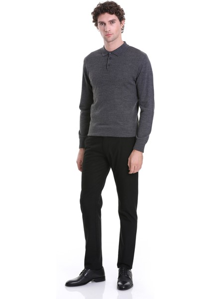 Gri Regular Fit Düz Polo Yaka Triko Kazak fiyatları