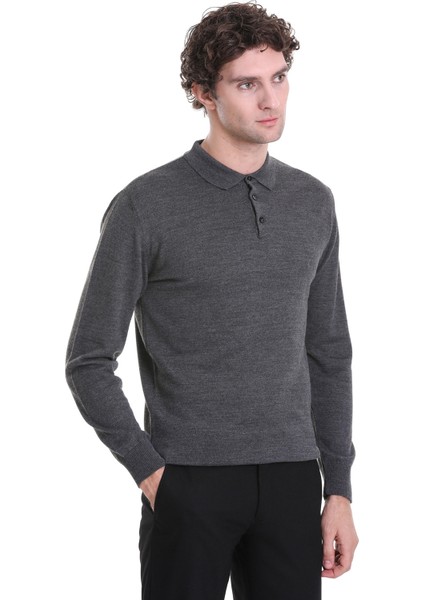 Gri Regular Fit Düz Polo Yaka Triko Kazak modelleri