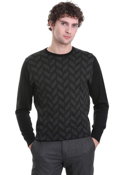 Siyah Regular Fit Jakarlı Bisiklet Yaka Yünlü Triko Kazak