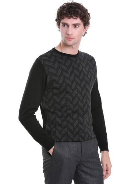 Siyah Regular Fit Jakarlı Bisiklet Yaka Yünlü Triko Kazak fırsatları