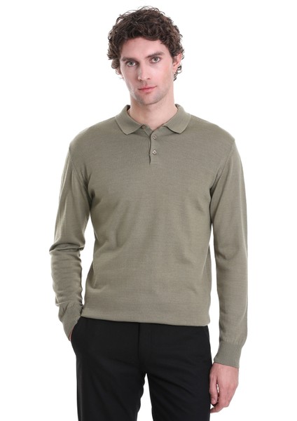 Yeşil Regular Fit Düz Polo Yaka Triko Kazak