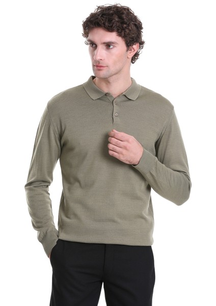 Yeşil Regular Fit Düz Polo Yaka Triko Kazak modelleri