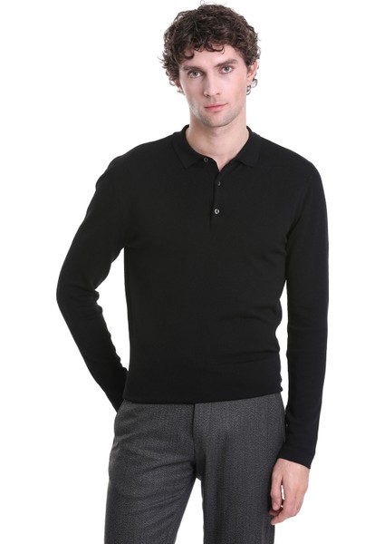 Siyah Regular Fit Düz Polo Yaka Yünlü Triko Kazak