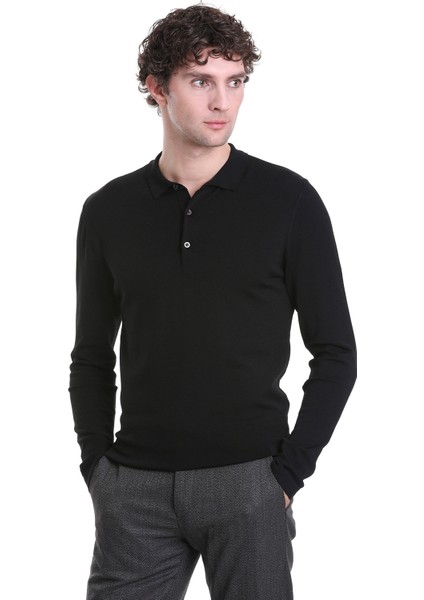 Siyah Regular Fit Düz Polo Yaka Yünlü Triko Kazak modelleri