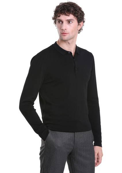 Siyah Regular Fit Düz Polo Yaka Yünlü Triko Kazak fırsatları