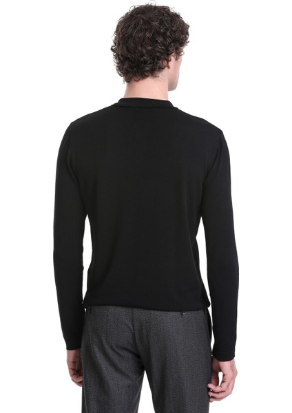 Siyah Regular Fit Düz Polo Yaka Yünlü Triko Kazak indirimleri