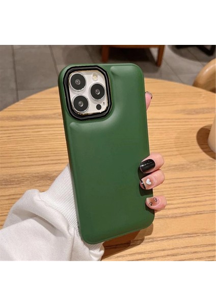 Iphone 13 / Iphone 14 Kılıf Düz Puffer Kamerası Açık Puff Kılıf Kapak-Hakiyeşil
