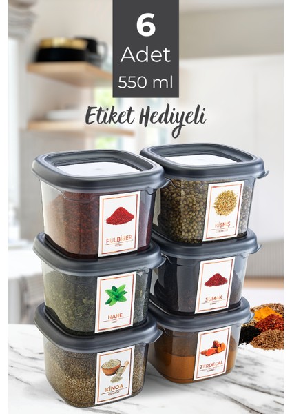 6 Adet Sızdırmaz Kare Etiketli Baharatlık Erzak Bakliyat Baharat Saklama Kabı Seti 550 ml Füme