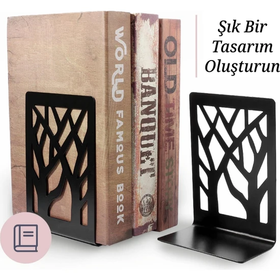 3Art Metal Ağaç Desenli Dekoratif Kitap Tutucu - Metal Kitap Ayracı - Kitap Standı 2'li Set