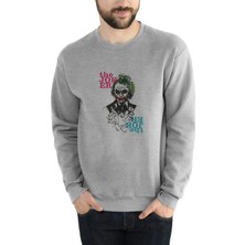 Qivi The Joker Baskılı Gri Erkek Örme Sweatshirt Uzun Kol