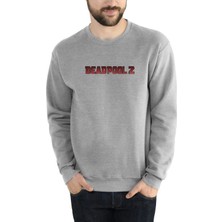 Qivi Deadpool 2 Logo Yazı Baskılı Gri Erkek Örme Sweatshirt Uzun Kol