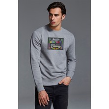 Qivi Sinyal Yok Baskılı Gri Erkek Örme Sweatshirt Uzun Kol