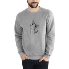 Qivi Kawaii Cat Şaşkın Kedi Baskılı Gri Erkek Örme Sweatshirt Uzun Kol