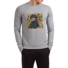 Qivi Anime One Piece Luffy Run Baskılı Gri Erkek Örme Sweatshirt Uzun Kol
