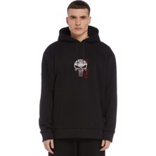 Qivi Dead Skull Baskılı Siyah Erkek Örme Kapşonlu Sweatshirt Uzun Kol