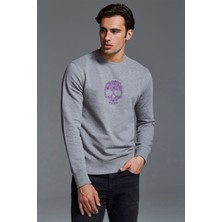 Qivi Skull Kurukafa Baskılı Gri Erkek Örme Sweatshirt Uzun Kol
