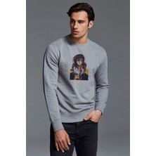 Qivi Anime One Baskılı Gri Erkek Örme Sweatshirt Uzun Kol