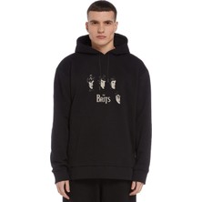 Qivi The Beatles Minimalist Metal Rock Music Baskılı Siyah Erkek Örme Kapşonlu Sweatshirt Uzun Kol