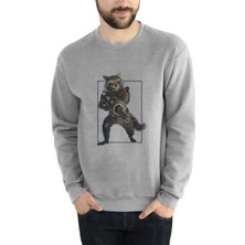 Qivi Roket Rakun Galaxy Baskılı Gri Erkek Örme Sweatshirt Uzun Kol