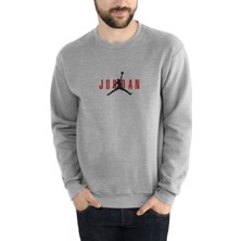Qivi Basketci Logo Baskılı Gri Erkek Örme Sweatshirt Uzun Kol