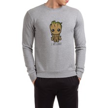 Qivi I Am Groot Baskılı Gri Erkek Örme Sweatshirt Uzun Kol