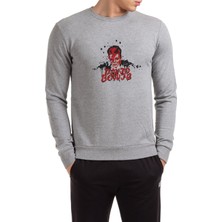 Qivi David Bowie Baskılı Gri Erkek Örme Sweatshirt Uzun Kol
