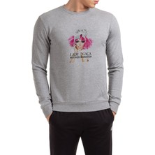 Qivi Lady Gaga Mother Monster Baskılı Gri Erkek Örme Sweatshirt Uzun Kol
