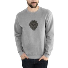 Qivi Lion Art Baskılı Gri Erkek Örme Sweatshirt Uzun Kol