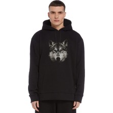 Qivi Wolf Kurt Baskılı Siyah Erkek Örme Kapşonlu Sweatshirt Uzun Kol