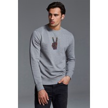 Qivi Savaş Değil Barış Işareti Seviyorum 1960'LARDA Baskılı Gri Erkek Örme Sweatshirt Uzun Kol