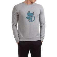 Qivi Tail Happy Happy Fairy Tail Baskılı Gri Erkek Örme Sweatshirt Uzun Kol