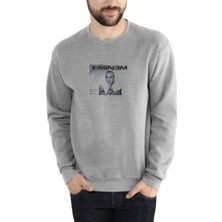 Qivi Eminem The Real Slim Shady Baskılı Gri Erkek Örme Sweatshirt Uzun Kol