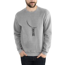Qivi Astronot Aya Asılı Astronot Baskılı Gri Erkek Örme Sweatshirt Uzun Kol