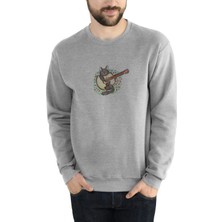 Qivi Black Cat Playing The Guitar Baskılı Gri Erkek Örme Sweatshirt Uzun Kol