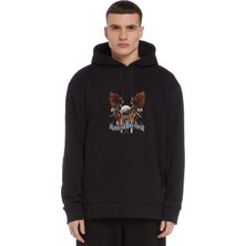 Qivi Rolling Thunder Baskılı Siyah Erkek Örme Kapşonlu Sweatshirt Uzun Kol