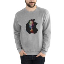 Qivi Steve Jobs Apple Baskılı Gri Erkek Örme Sweatshirt Uzun Kol
