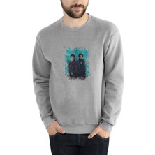 Qivi Sherlock x John Baskılı Gri Erkek Örme Sweatshirt Uzun Kol