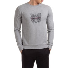 Qivi Ele Bir Çelenk Çiçek Giymiş Kedi Baskılı Gri Erkek Örme Sweatshirt Uzun Kol