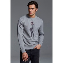Qivi Anime Attack On Titan Baskılı Gri Erkek Örme Sweatshirt Uzun Kol